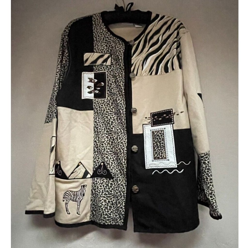 Vintage Koret K-Wear Animal Print Patchwork Cardigan Sweater Large Tan Black